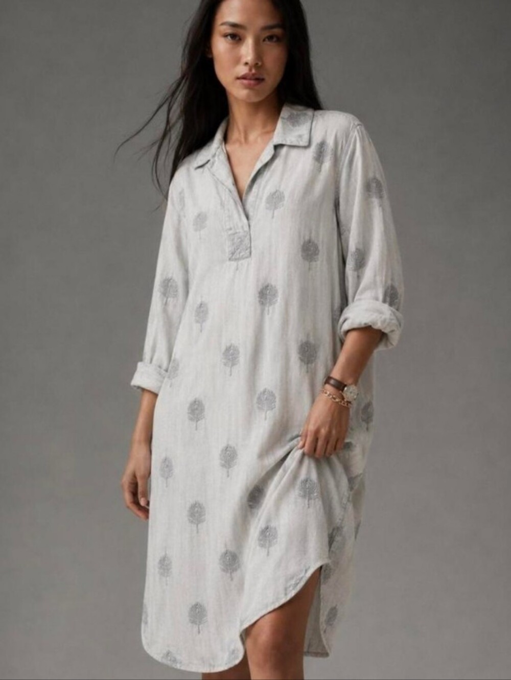 Soft Surroundings Tencel Embroidered Popover Shirt Dress Tunic Dove Grey Small